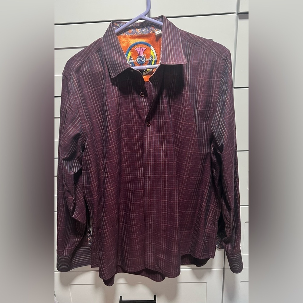 Robert Graham Mens Size Large Classic Fit Burgundy Red Plaid Flip Cuff Shirt